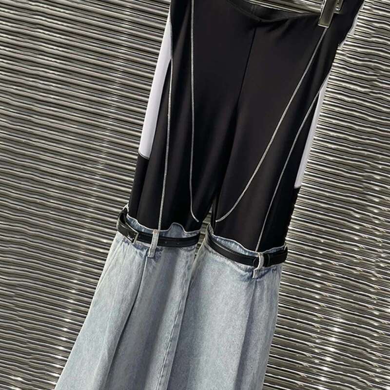 Fashion Contrast Color E Jeans Women's Removable Belt Elastic High Waist Slim Full-Length Denim Pants New