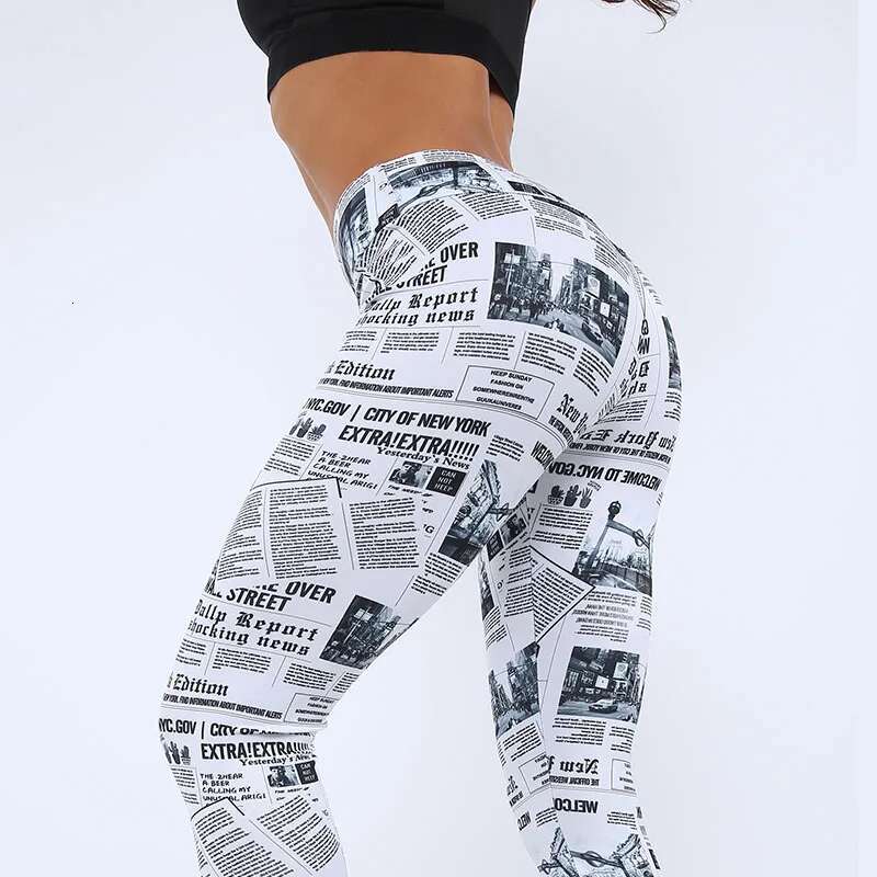 New Black White High Waist Seamless Yoga Newspaper Letter Print Streetwear Leggings Fiess Women Sexy Casual Pants