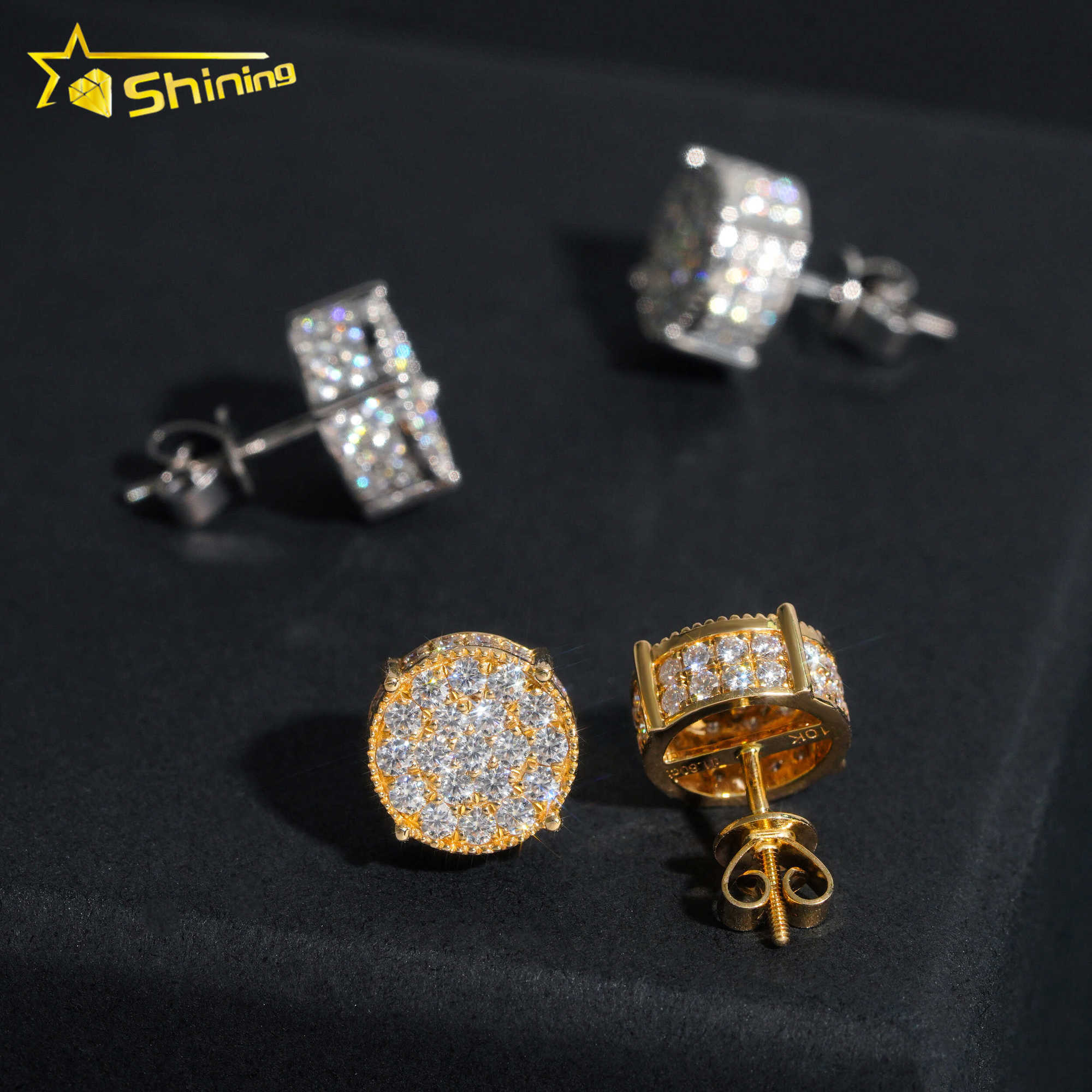 Luxury 10K Solid Gold Earrings 10mm Cluster Moissanite Diamond Ear Studs for Men and Women