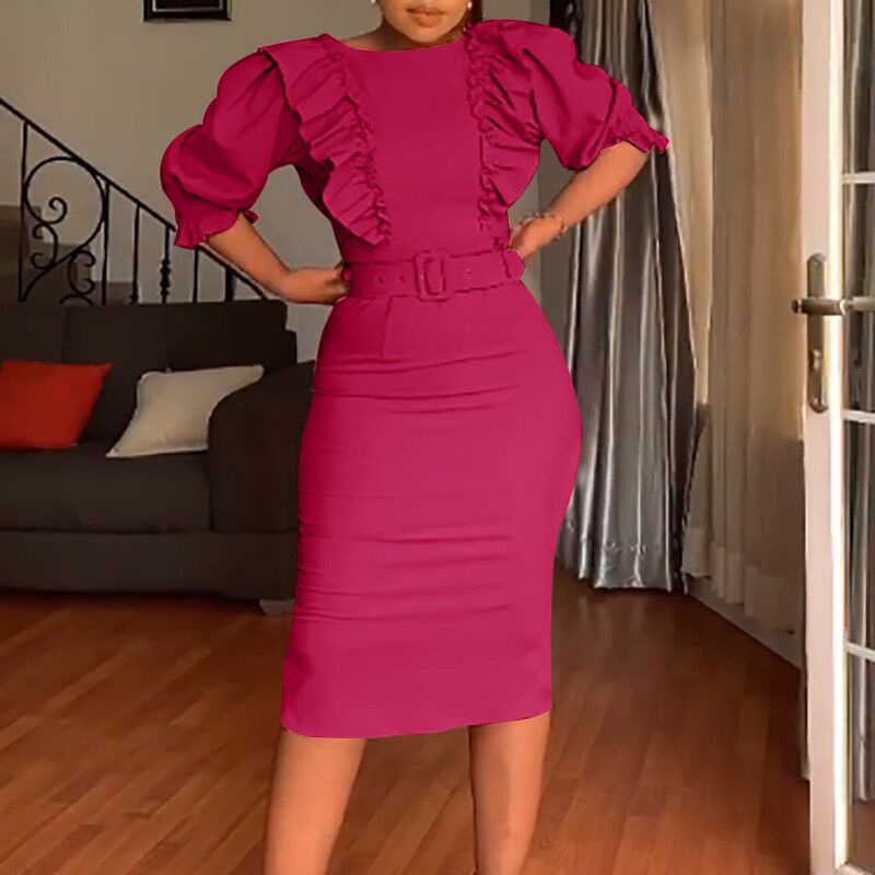 (34) High waist temperament ruffled edge splicing five-point sleeves OL plus size women's dress