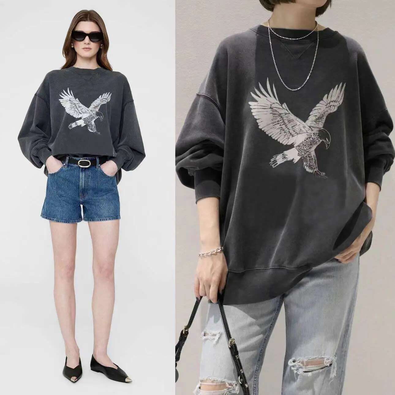 washed black eagle Printed Cotton Sweatshirt women Soft Fleece ing crew neck long sleeve sweatshirt female autumn winter