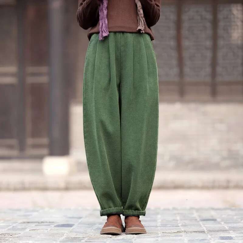 Vintage Warm Bloomers Solid Color En Winter Elastic Waist Trouser 2024 New Plus Fleece Women Long Pants