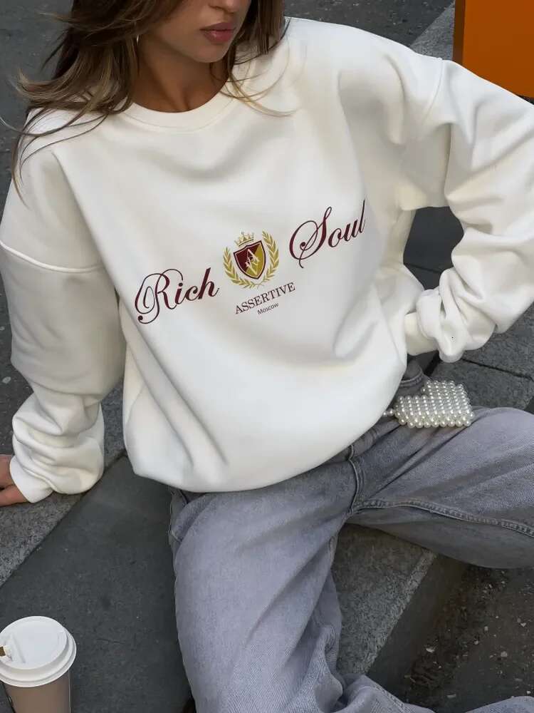 Women's Autumn/Winter Hoodie with European American Style Versatile Charm, Niche Printed Round Neck and Veet Warm Top