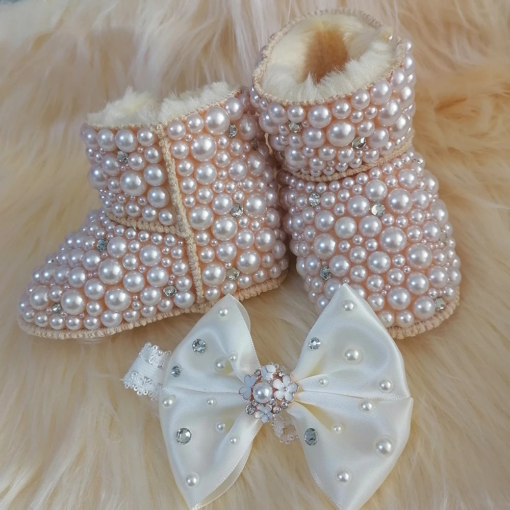 Handmade Bow Hairband Rhinestones Baby Girl Snow Boots Winter Shoes Comb First Walker Sparkle Bling Crystal Princess Shower Gift 250214
