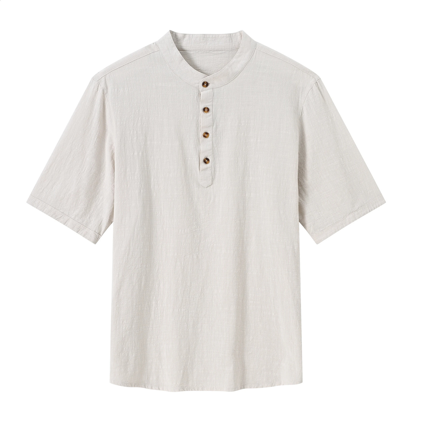 Mens Breathable Cotton Short Sleeve Shirts Solid Color Stand-Up Collar Tops Hawaii Beach Henley Shirts 250213