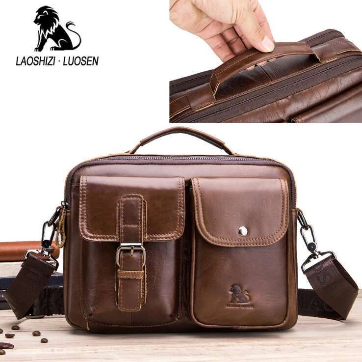 LAOSHIZI LUOSEN Men Genuine Leather Shoulder Men's Handbag Vintage Crossbody Tote Business Man Messenger Bag