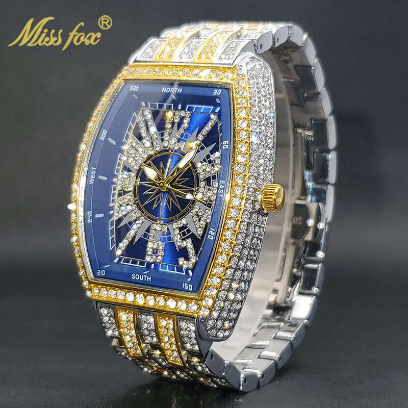 Full Diamond Hip Hop Strange Digital Men's Wine Bucket Black Plate Handsome Rap Quartz Watch