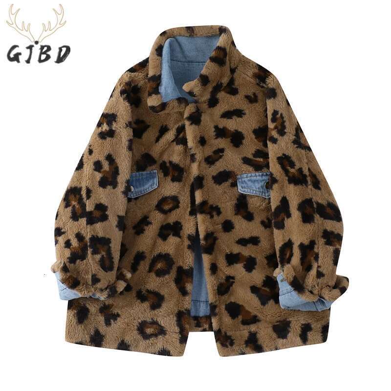 Women's Lamb Wool Denim Winter Long Sleeves Streetwear Chic Design Leopard Print Fashion Casual Baggy Jean Jackets Coat