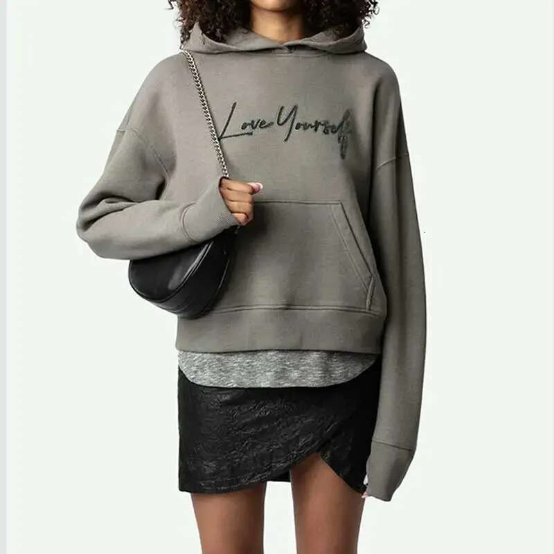 100% cotton gray Hoodie women Embroidered letter long sleeve pockets hooded sweatshirt female 2024 Fall Collection