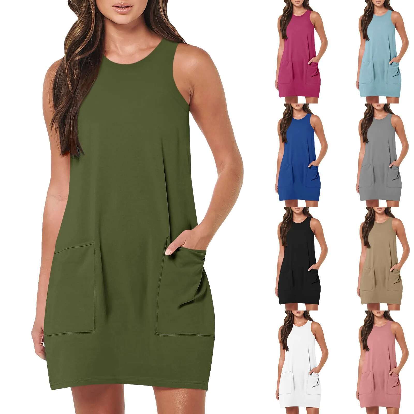 Summer Casual Solid Colour Vintage Sleeveless Round Neck Sundress With Pockets For Women Short Beach Vacation Tank Dresses