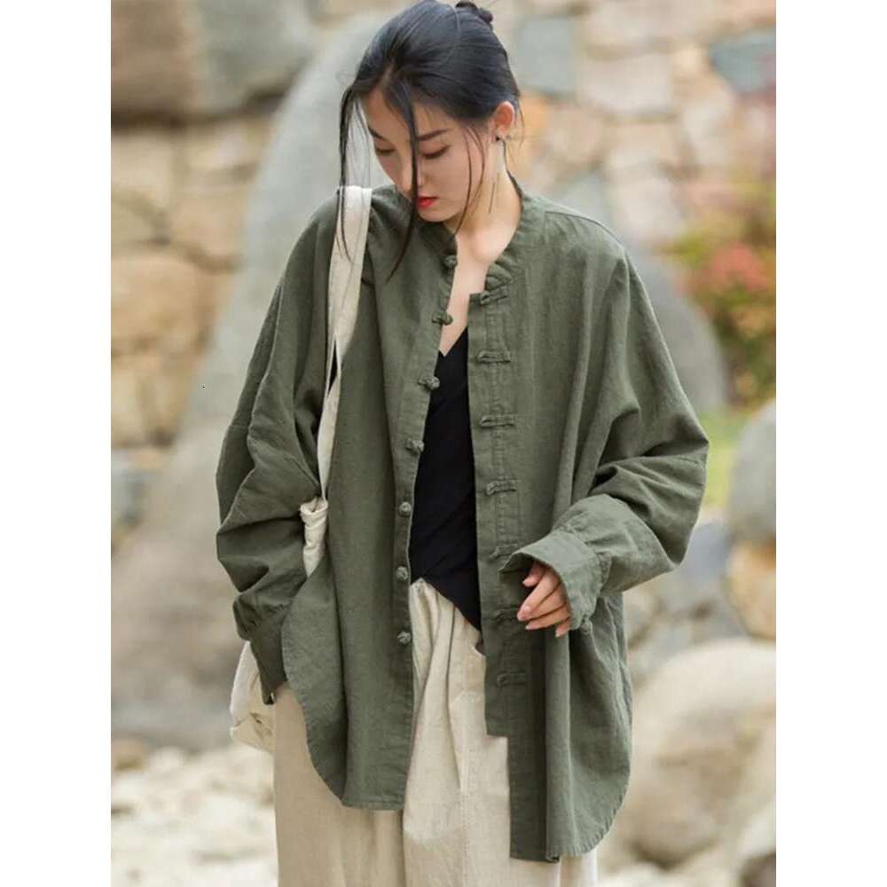 Johnature Women Chinese Style En And Tops Stand Long Sleeve Blouses 2024 Spring New Solid Color Button Vintage Shirts