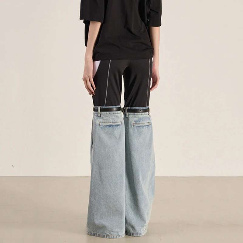 Fashion Contrast Color E Jeans Women's Removable Belt Elastic High Waist Slim Full-Length Denim Pants New