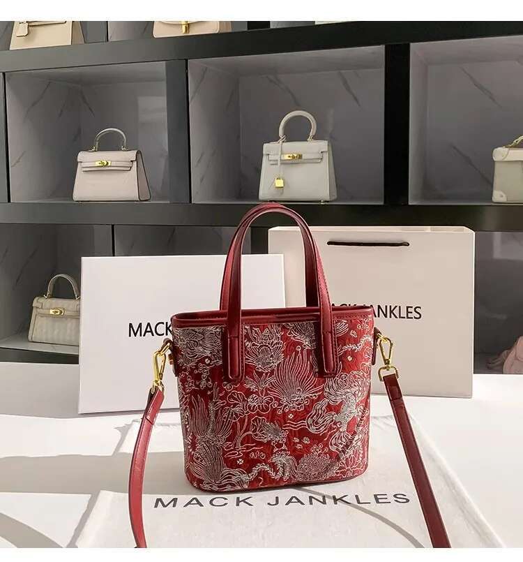 Fashion Embroidery Red Color Bucket Large Capacity Women's Handbag Tote Lady Purse Shoulder Messenger Wedding Bag