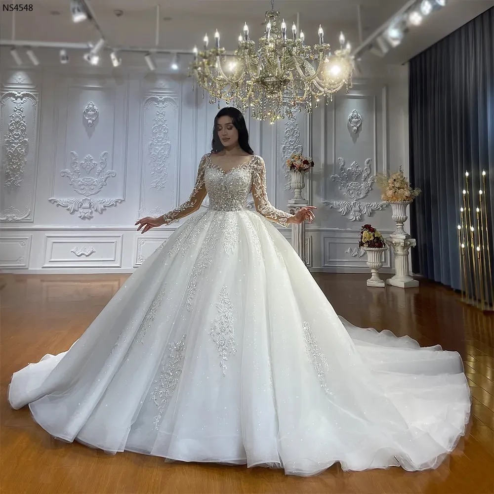 A-Line Wedding Dress Illusion Neck Long Sleeves Lace Appliques Beads Bride Gowns Robe Mariage Vestidos De Novia Arabic Dubai