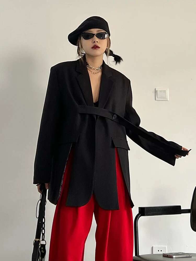 Black Belted Split Casual Blazer Women New Lapel Long Sleeve Loose Fit Jacket Fashion Tide Spring Autumn 2025 30A1768