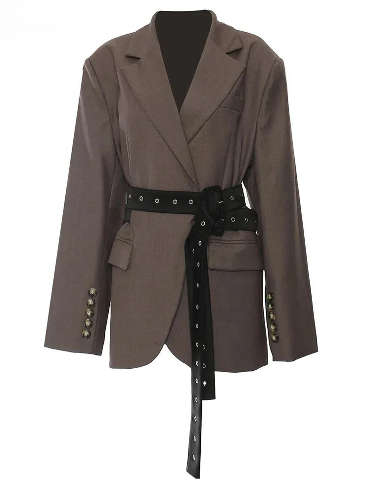 Women Brown Back Button Belted Big Size Elegant Blazer New Lapel Long Sleeve Jacket Fashion Spring Autumn 2025 1Dh7481