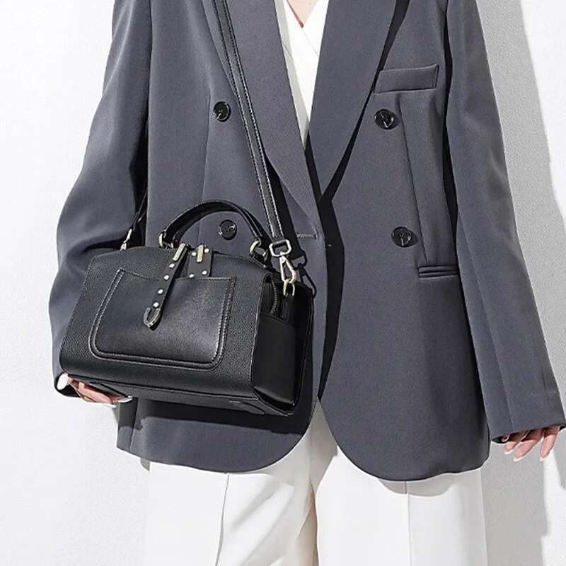 New Genuine Leather Women Handbag Female Versatile Boston Shoulder Casual Solid Color Lady Square Box Bag