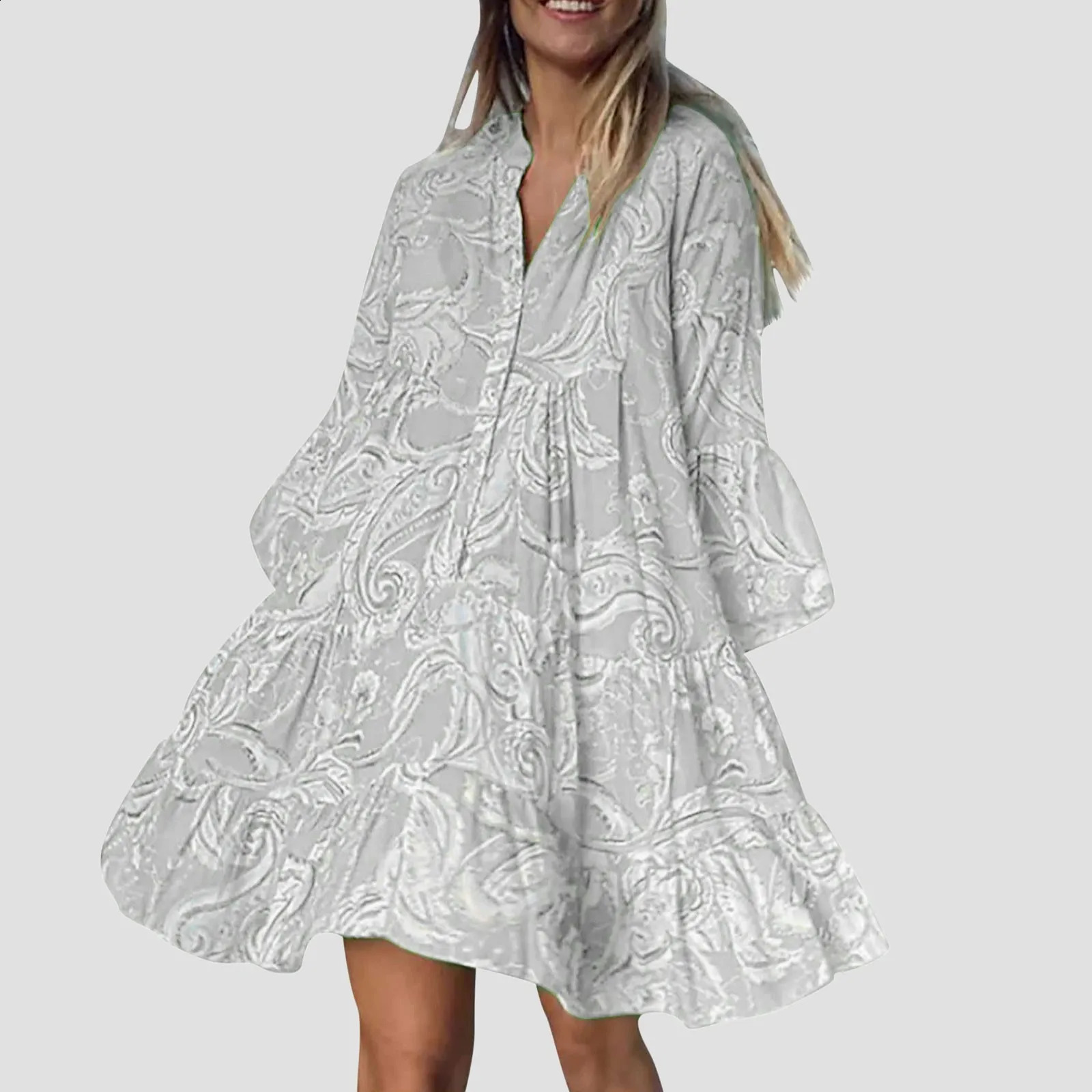 Fashion Summer Dresses Womens Summer Casual V Neck 3/4 Sleeve Boho Print Beach Dress Flowy Swing Vacation Womens Dresses 250213