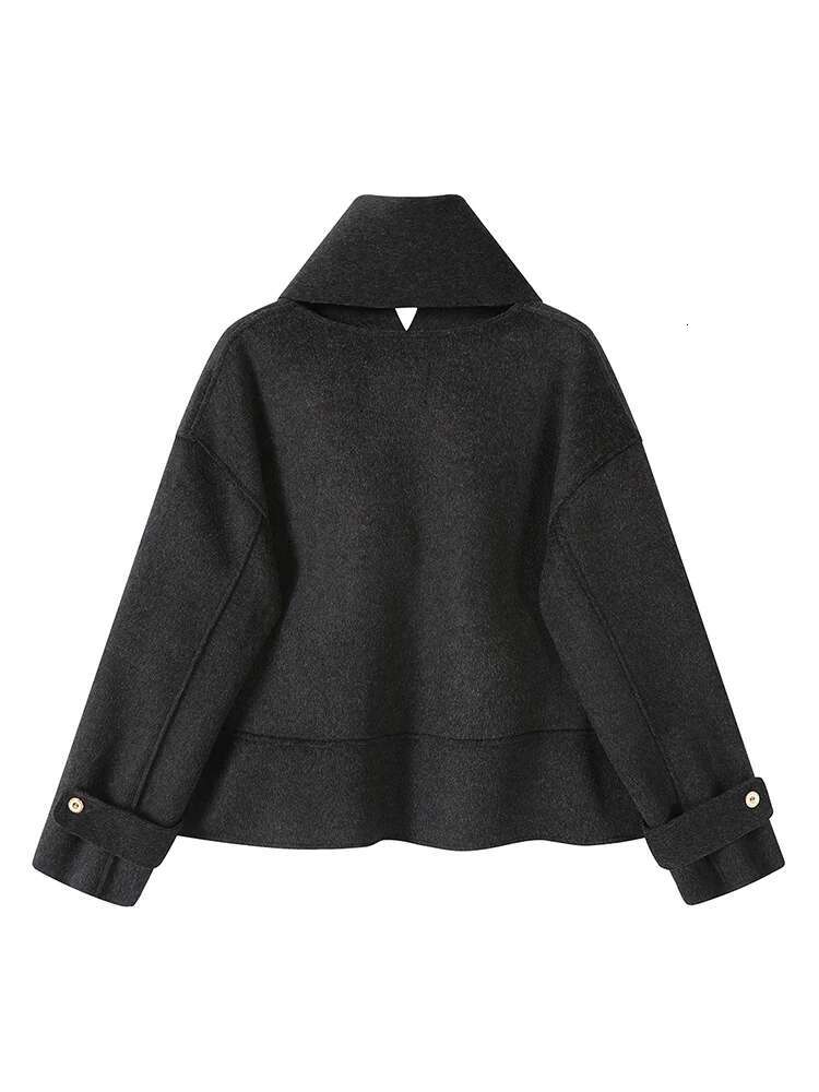 Black Gray Big Size Casual Woolen Coat New Scarf V-Neck Long Sleeve Women Jacket Fashion Tide Autumn Winter 2025 30A2749