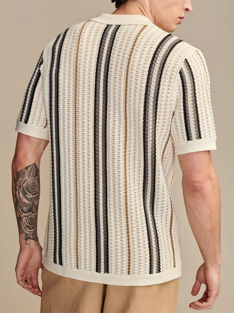 Mens Knitted Shirts Summer Breathable Slim Fit Short Sleeve Knit Casual Shirt Men Vintage Striped Crochet Knitting Shirt 250213