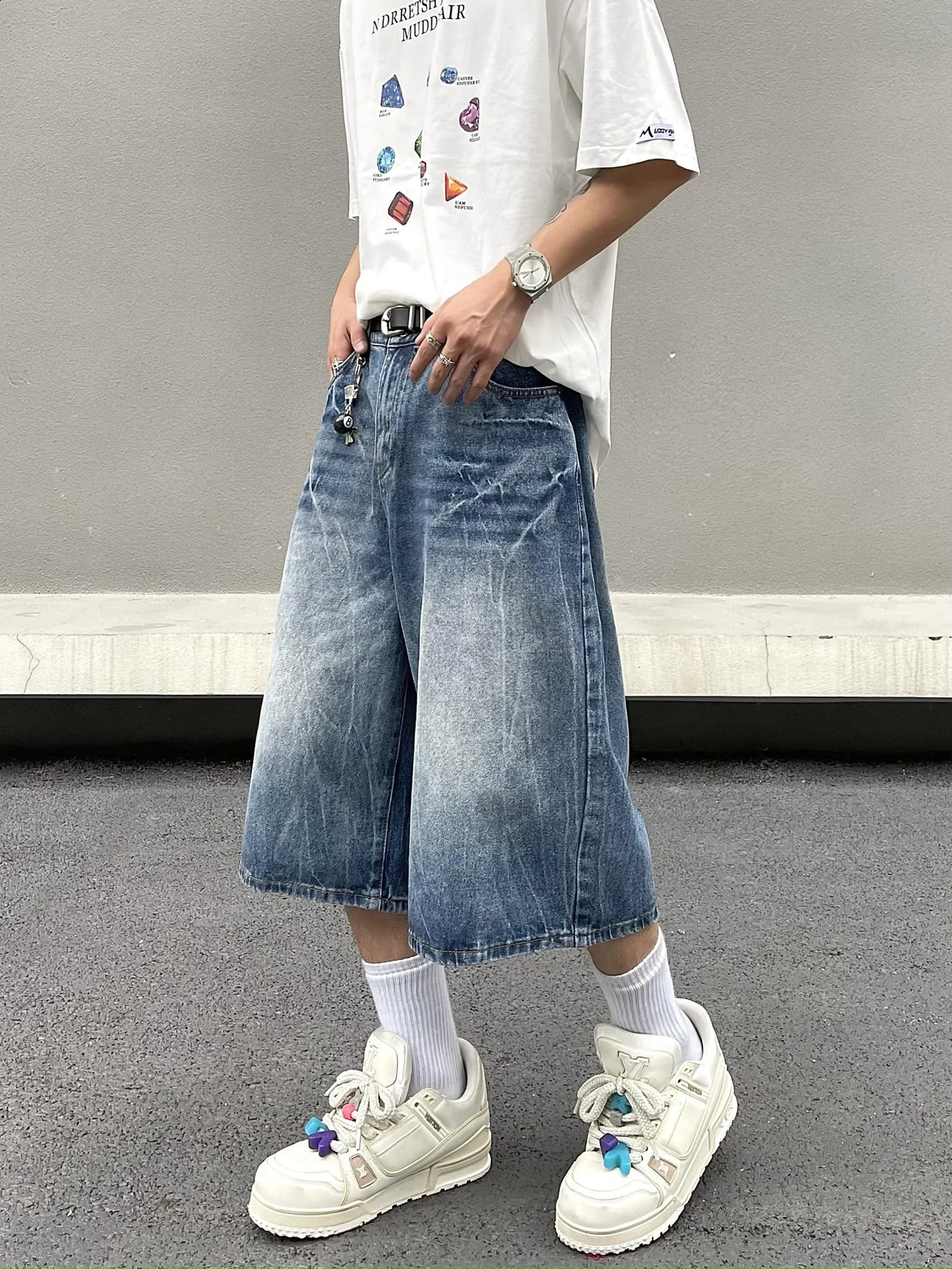 Lightning Patterned Jorts Loose Cropped Denim Shorts for Men Womens Y2k Distressed Calf-length Pants 250210