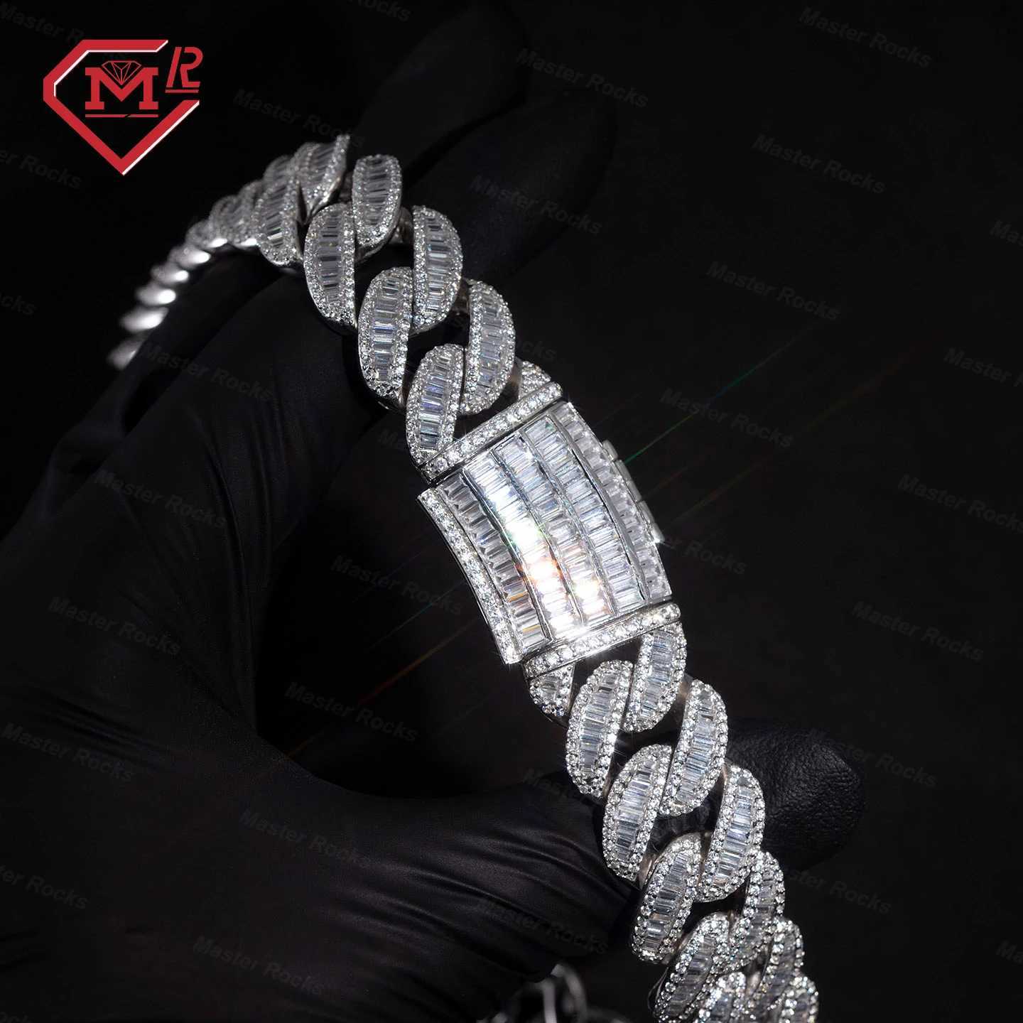 Iced Out Miami Cuban Link Chain Solid Silver 925 Men Hip Hop Bling 15mm Vvs1 D Moissanite Chain Baguette