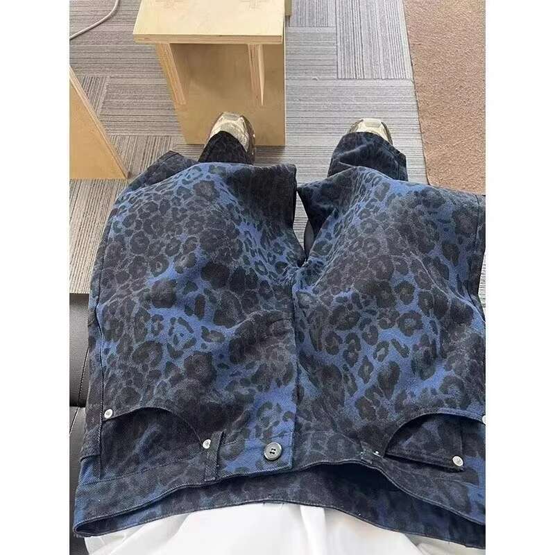 Summer Womens Jeans High Waist Baggy Casual Vintage Y2k Blue Leopard Print Straight Pants Street American Wide Leg Denim Trouser