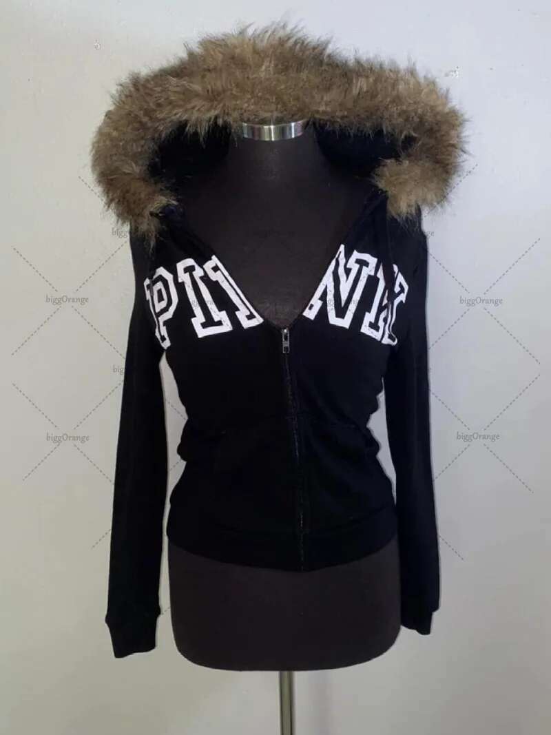 Haruku Y2K Streetwear Jacket High Street Retro Fur Collar Zipper Hoodie Women Gothic Punk Letter Print Oversized Sweatshirt