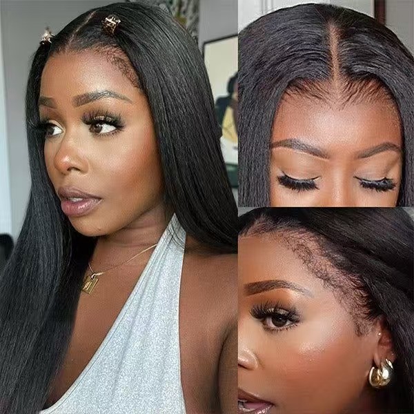 4C Kinky Edges Hairline Curly Baby Hair HD full lace wig, Kinky Straight Lace Front Wig Human Hair Transparent Yaki Straight 360 Lace Frontal Wig Perr