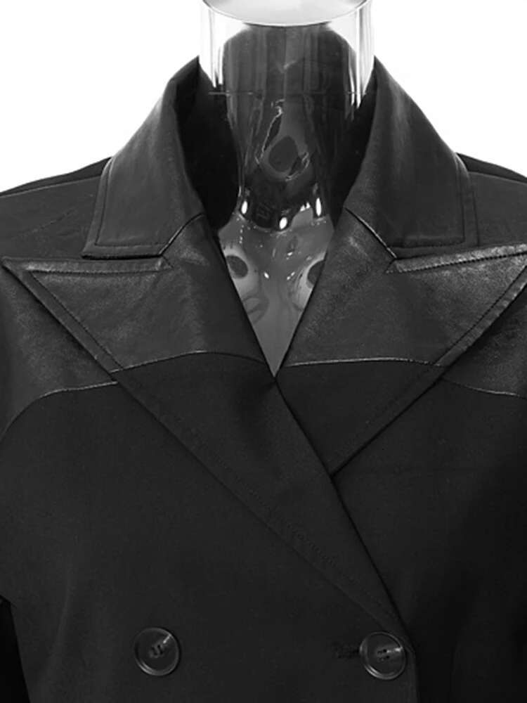 Black Pu Leather Spliced Elegant Blazer Women New Lapel Long Sleeve Jacket Fashion Tide Spring Autumn 2025 1Dh4168