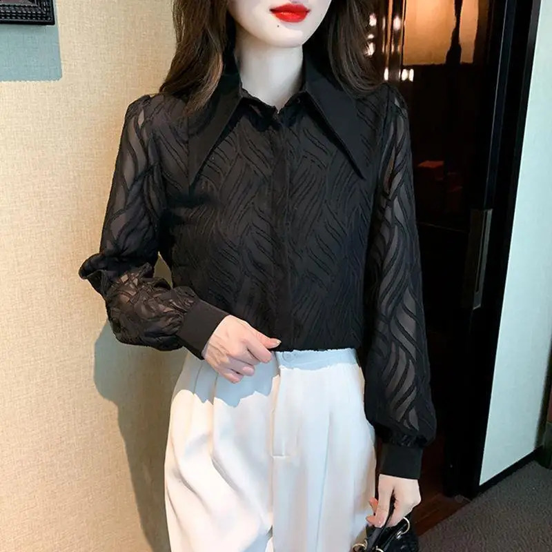 Polo Neck Black Chiffon Shirt Womens Niche Retro French Long-sleeved Top 250210