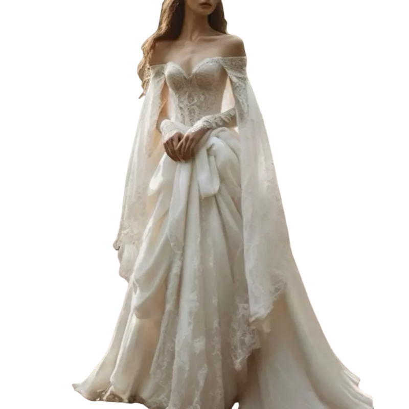 Medieval Renaissance Wedding Dresses Lace Long Sleeves Cape Sleeves A-Line Corset Vintage Bridal Gowns Lace-Up Back Court Train Vestido De Novia