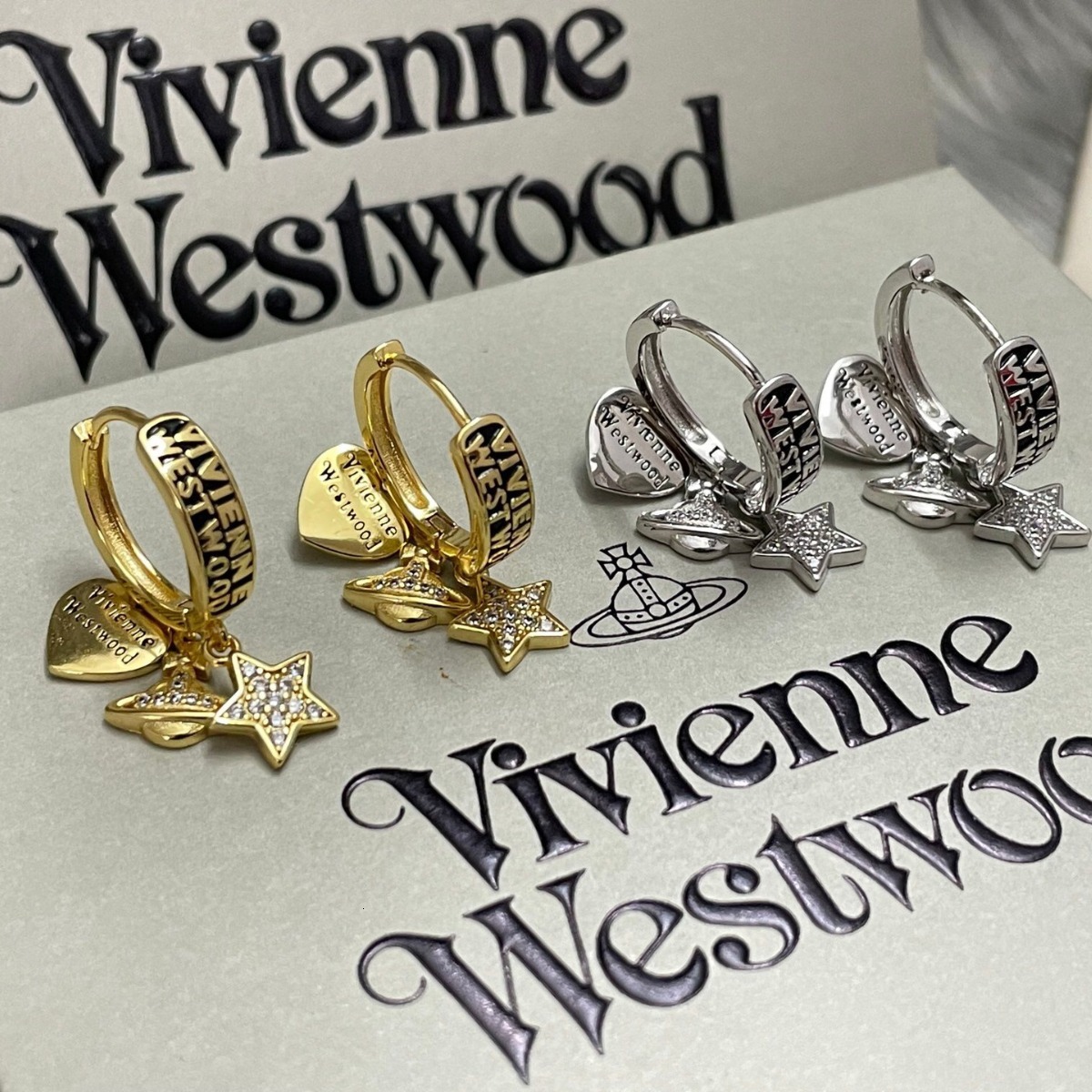 Designer Viviennens West Wood Empress Dowager Cixis Personality Small Heart Drop Glazed Letters Saturn Earrings for Women Punk Style Multi Pendant