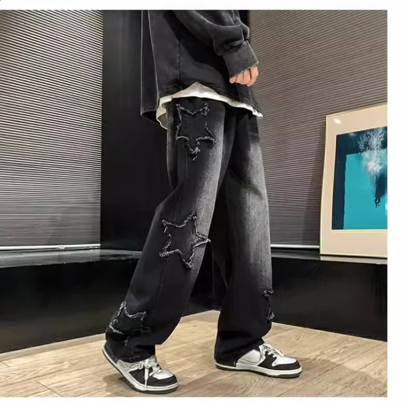 Fashion Stars Towel Embroidery Brown Men Jeans Pants Y2K Clothes Straight Hip Hop Cotton Trousers Mens Pants 250210