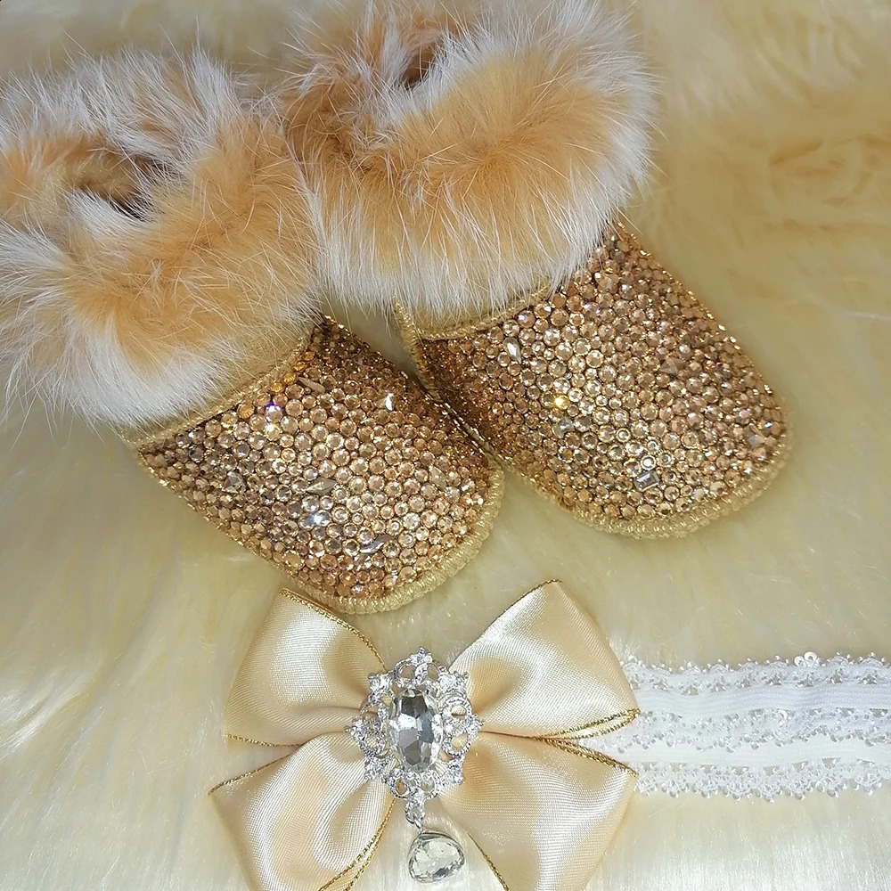 Handmade Bow Hairband Rhinestones Baby Girl Snow Boots Winter Shoes Comb First Walker Sparkle Bling Crystal Princess Shower Gift 250214