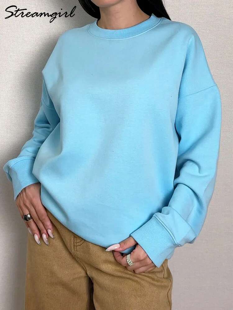 No Hood Cotton Long Sleeve Tops Basic Solid O Neck Sweatshirts For Women Oversized Pullovers Spring