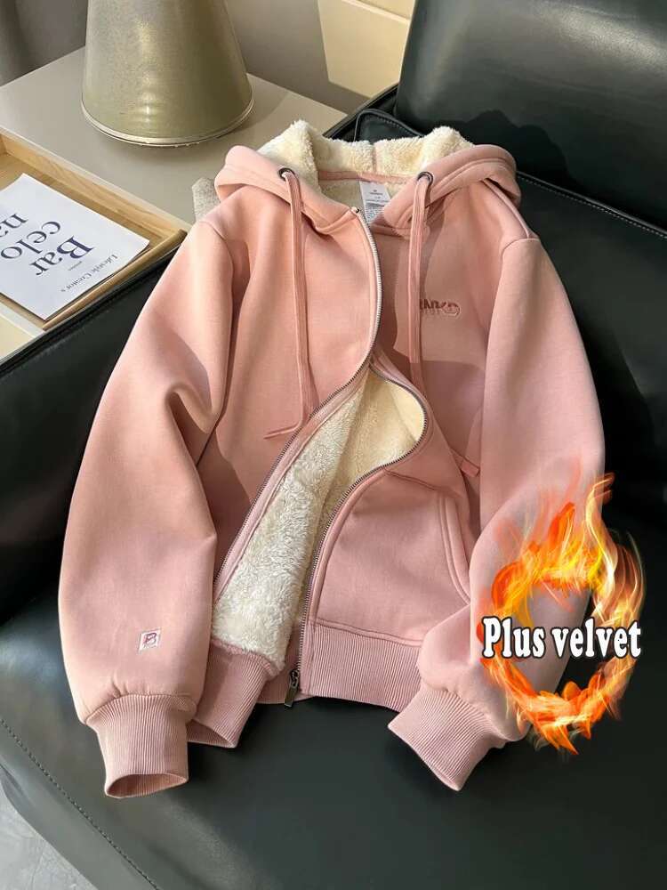 Hooded Sweater for Women 2024 Autumn and Winter New Fleece-ed Thick Loose Versatile Casual Zipper Cardigan Outerwear