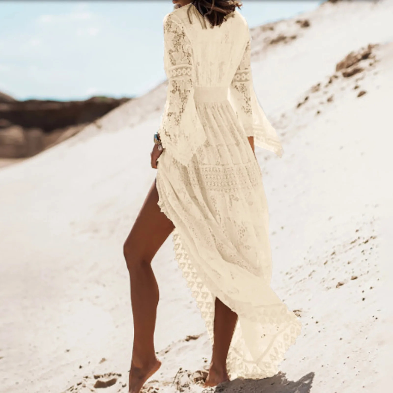 Summer Boho Long Dresses Women V Neck Flare Sleeve Crochet Lace Holiday Dress Lady Beach Sundress Dress Womens Dresses 250213