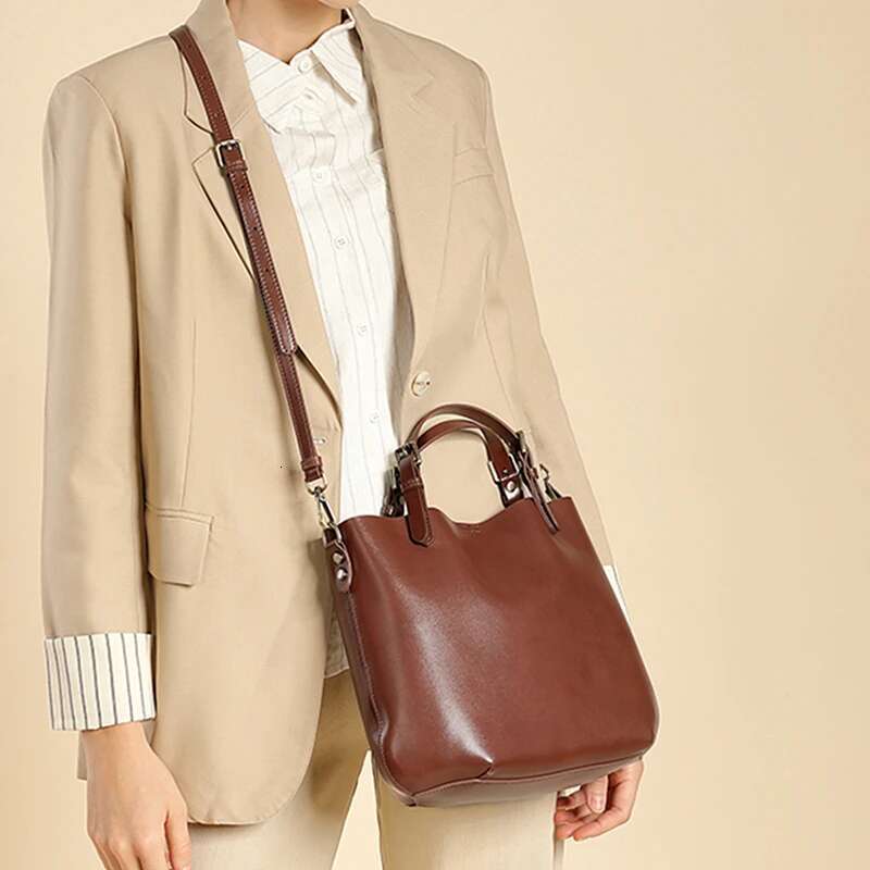 Hifashion Vintage Genuine Leather Bucket Tote Handbags For Women 2024 Trend Designer Simple Large Ladies Shoulder Crossbody Bags