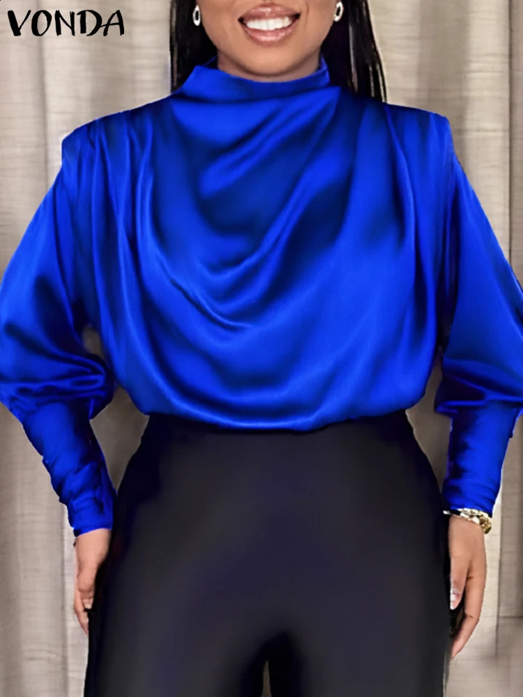 Plus Size VONDA Elegant Ruffled Blouse Fashion Shirts Women Casual Lantern Long Sleeve Tops Stand Collar Solid Color Blouses 250210