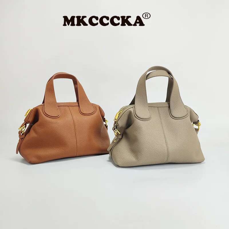 2025NEW Elegant 100% Natural T Cowhide Leather Tote Wide Straps Female Shoulder Grey Black Doctor Bag Girl Handbag