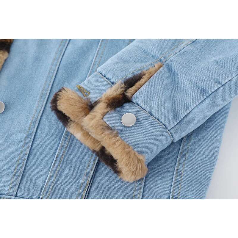 Women's Lamb Wool Denim Winter Long Sleeves Streetwear Chic Design Leopard Print Fashion Casual Baggy Jean Jackets Coat