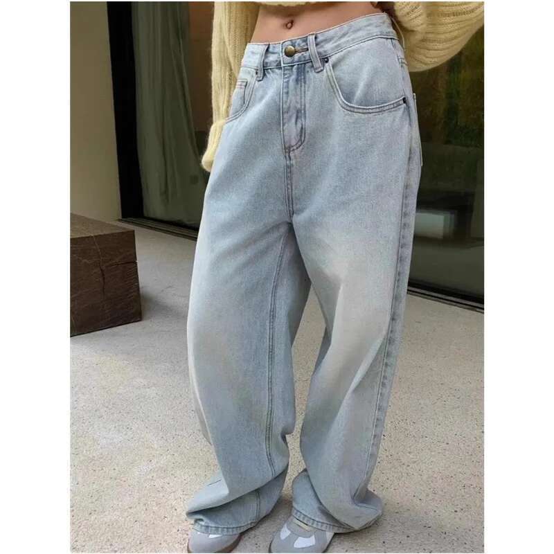 Blue Jeans Women High Waist American Plus Size Wide Leg Vintage Straight Baggy Casual Denim Trousers Mom Oversize Pants
