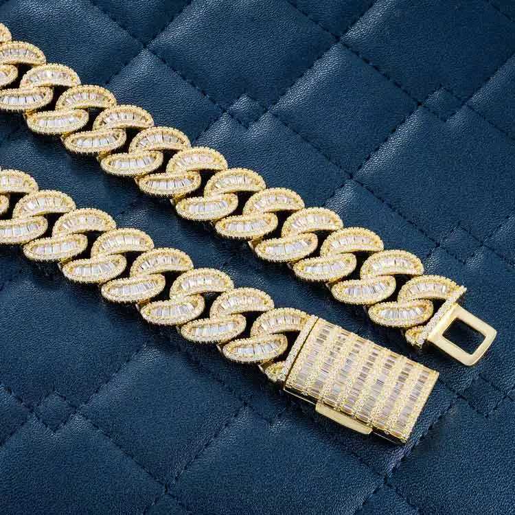 Custom 18mm Baguette Chain Cuban Moissanite 925 Silver Hip Hop Vvs Diamond Moissanite Baguette Cuban Link Chain