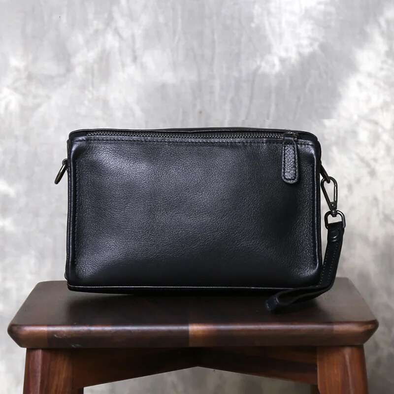 Men Top Layer Cowhide Shoulder Business Casual Leather Men's And Women's Small Square Zipper Bag Horizontal Handbag