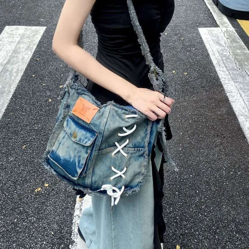 Niche Design Sense Furred Edge Denim Students Commuting Large Capacity Single Shoulder Crossbody Bag Fashion For Women