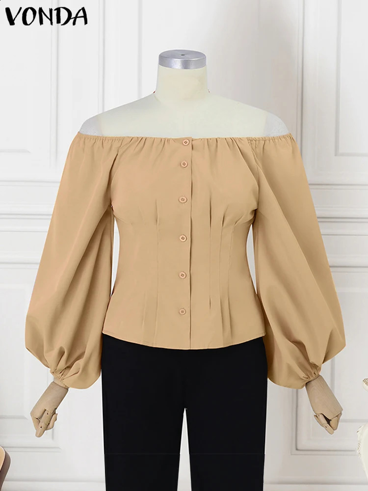 Plus Size Elegant Women Blouse VONDA Casual Lantern Long Sleeve Blouses Solid Off The Shoulder Shirts Fashion Commuting Tops 250210