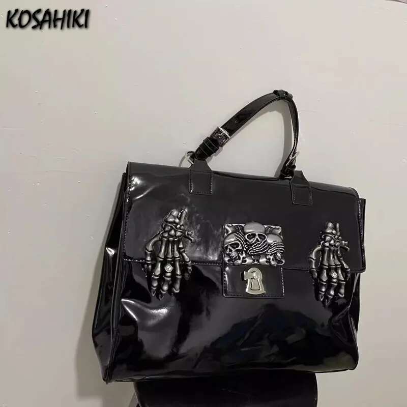 Patent Leather High-Capacity Grunge Shoulder Handbags Punk Streetwear Crossbody Bag Y2k Aesthetic Skull Messenger Bags Trendy
