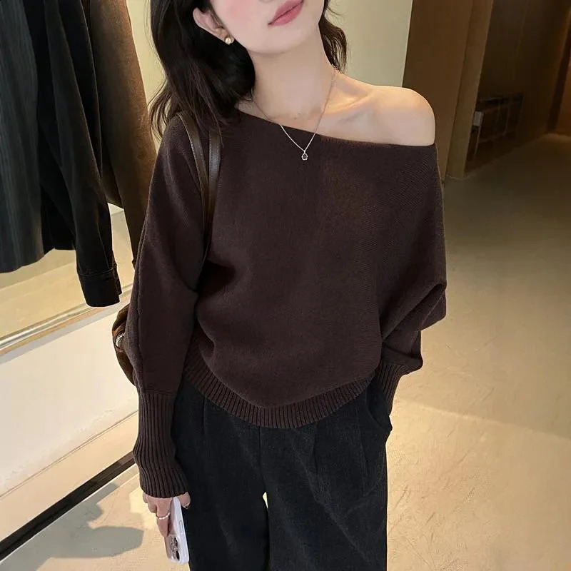 Sexy Off Shoulder Knitted Cropped Sweater Women Y2K Streetwear Solid Pullover Female Korean Chic Slash Neck Long Sleeve Jumper 250210