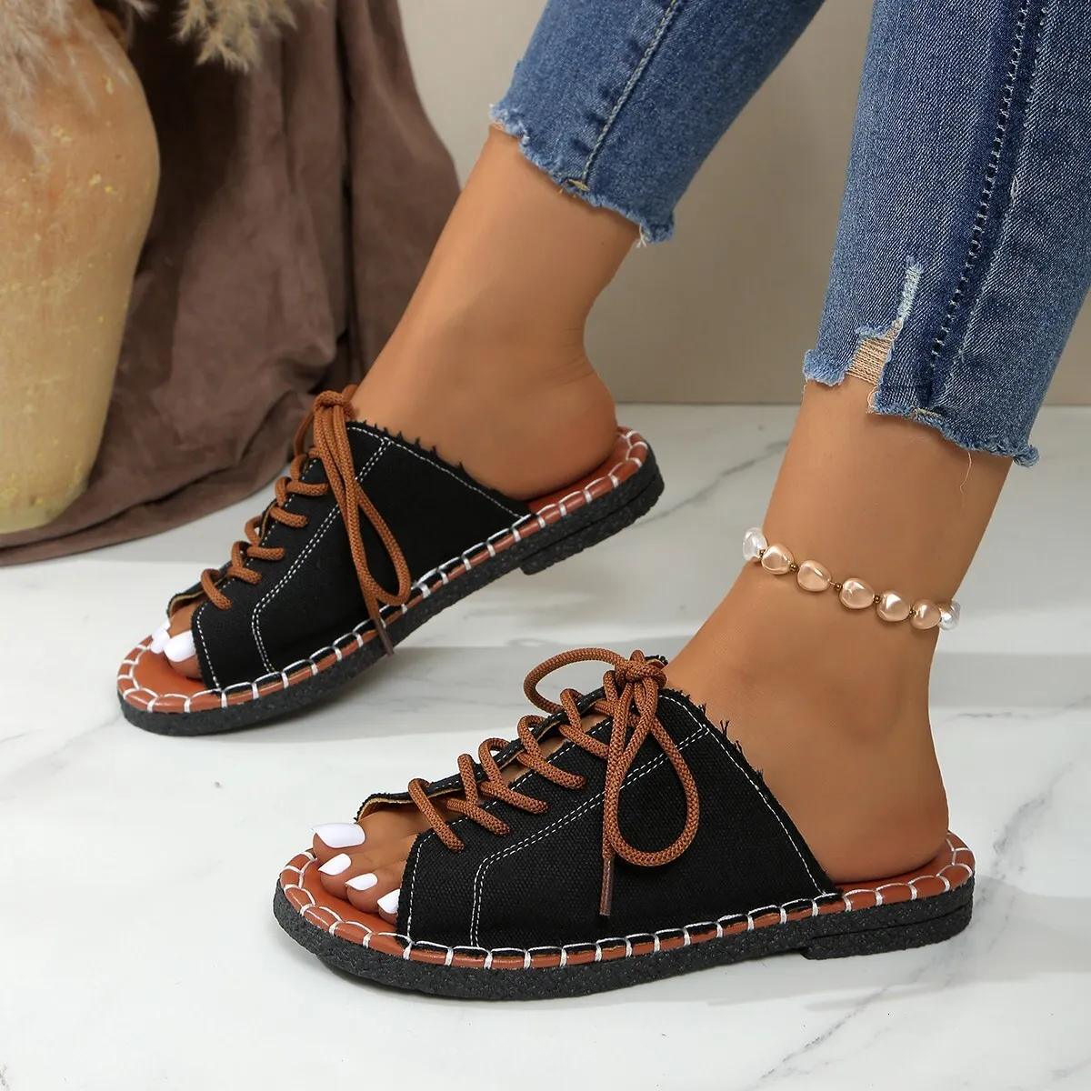 2025 New Bohemian Style Fish Mouth Flat Sandals with Strap Women's Casual Single Word Slippers zhanyishengli